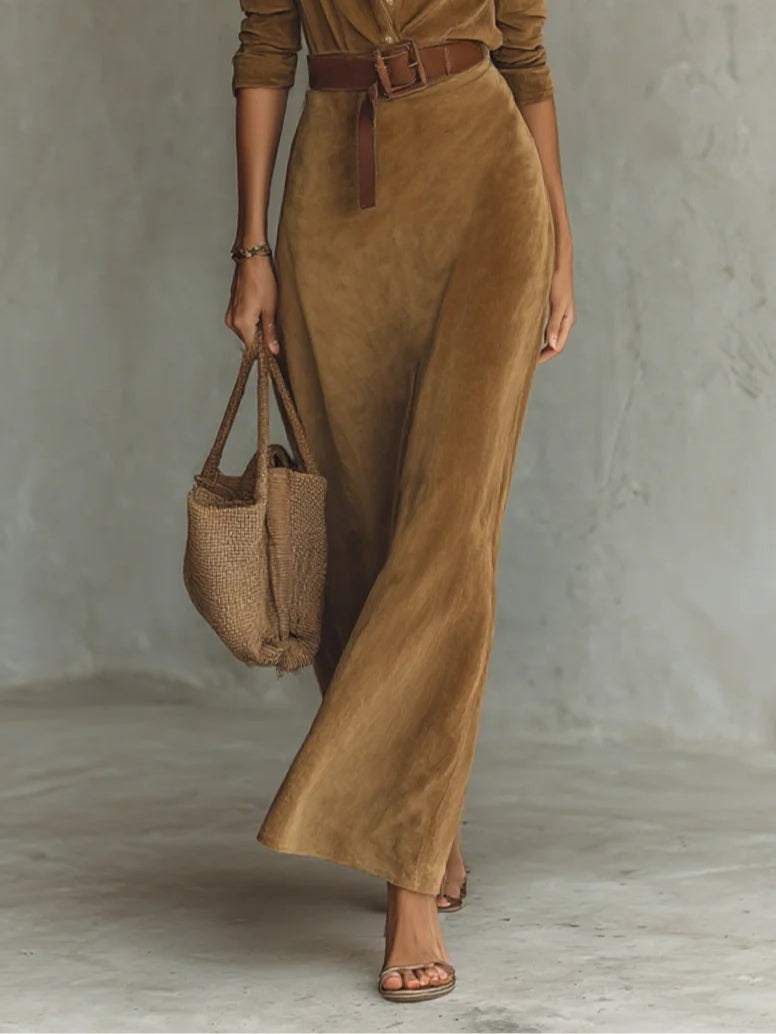 Wilhelmina | Fitted Suede Maxi Dress with Notched Collar