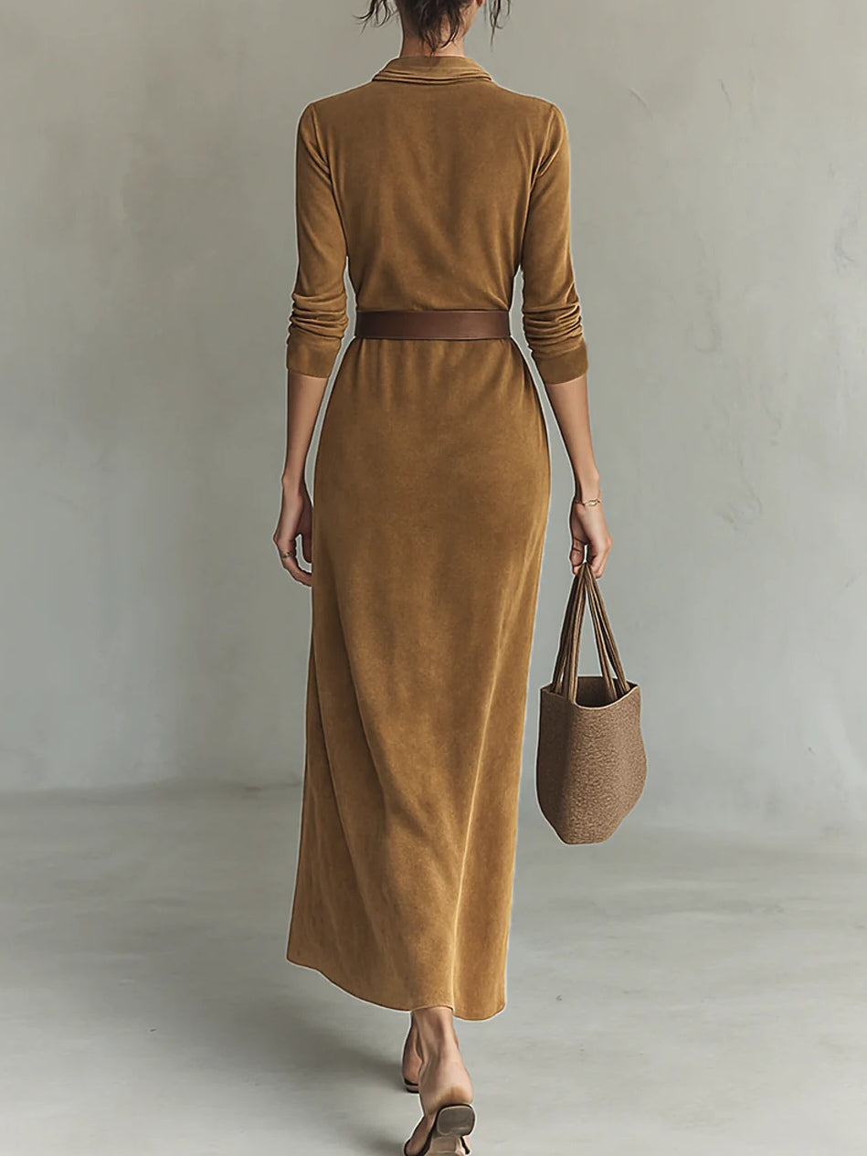 Wilhelmina | Fitted Suede Maxi Dress with Notched Collar