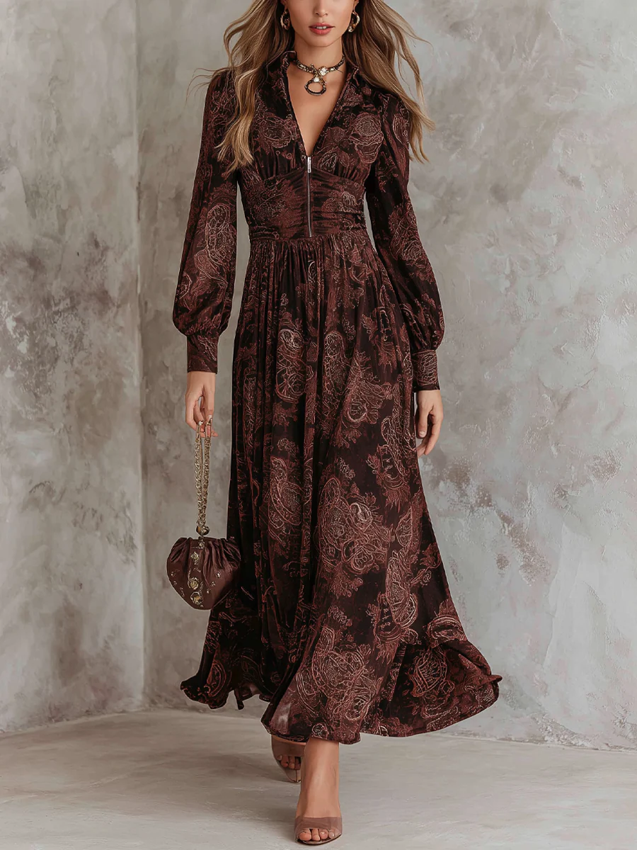 Marisol Wren | Long Sleeve Zip-Front Maxi Dress